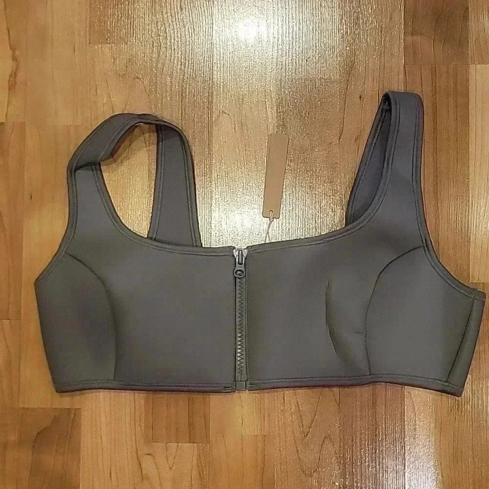 Skims Swim Top Front Zipper Racerback Rubberized Scuba Gray Chalk 2X - Picture 2 of 12